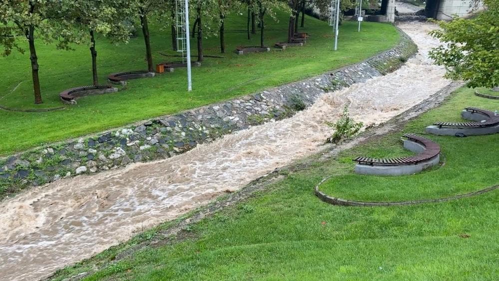 Bursa Kaplıkaya Deresi'nde sağanak sonrası yükselen su seviyesi ve hızlı akıntı.