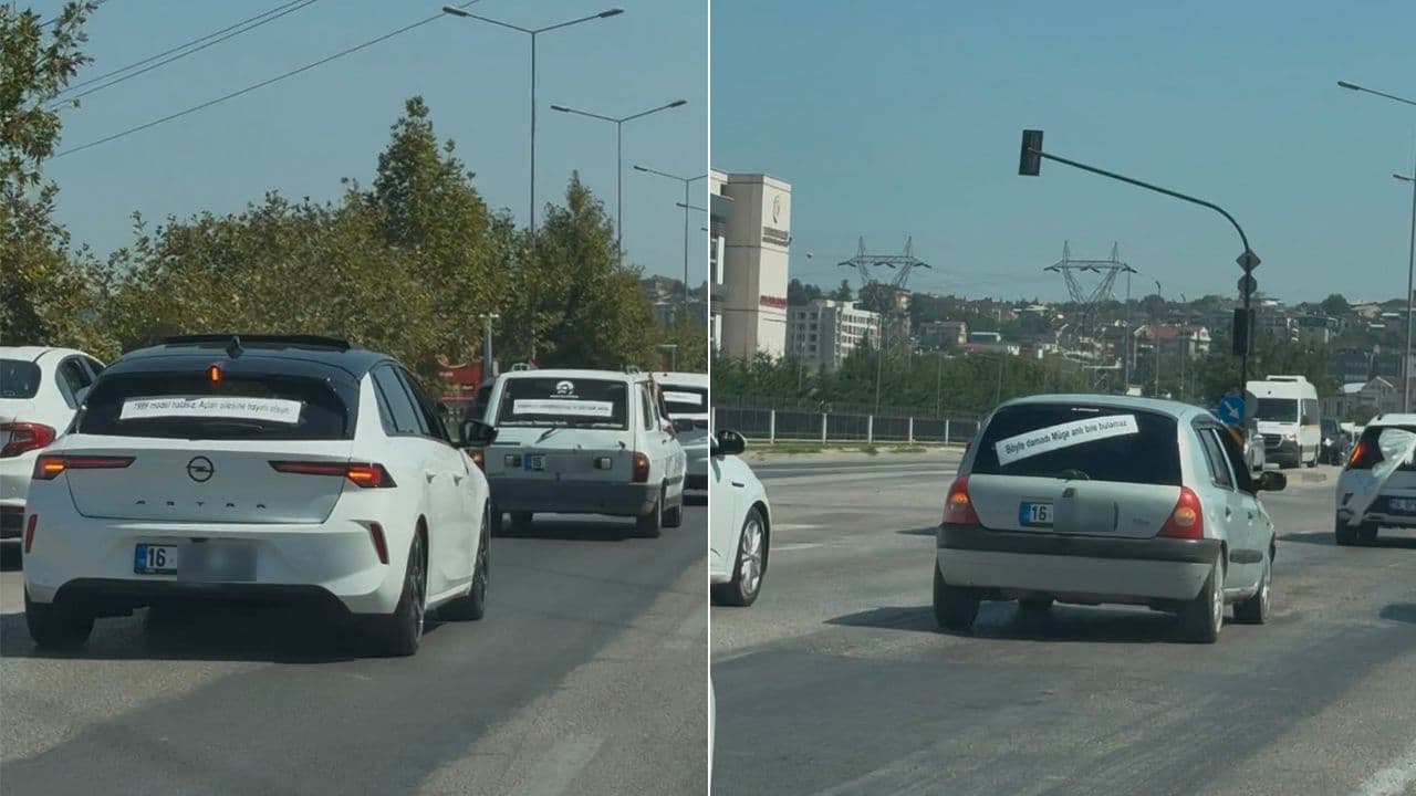 Bursa Nilüfer'de esprili yazılarla süslenmiş düğün konvoyu araçları, trafikte ilerlerken görülüyor.