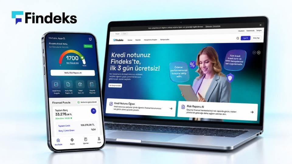 Findeks mobil uygulaması ve dizüstü bilgisayarda Findeks web arayüzü ekran görüntüsü.