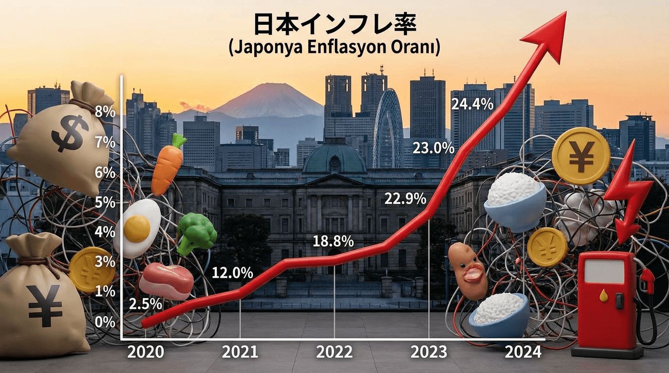 Japonya'da yükselen enflasyonu simgeleyen grafikler ve finansal binalar.