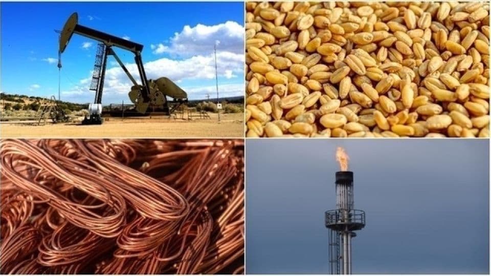 Emtia piyasalarını temsil eden petrol pompası, buğday taneleri, bakır kablolar ve gaz bacası görselleri.