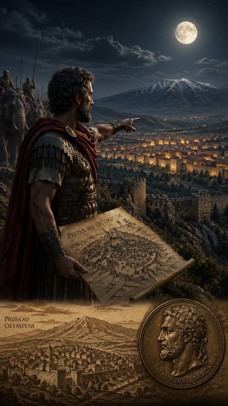 Hannibal Barca, dolunaylı bir gecede Bursa'nın (Prusa ad Olympum) yerini işaret ederken, elinde şehrin haritasını tutuyor.