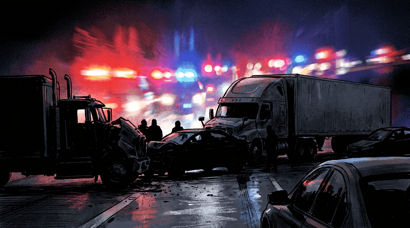 Gece vakti bir otoyolda meydana gelen zincirleme trafik kazası sonrası olay yeri ve acil durum ekipleri.