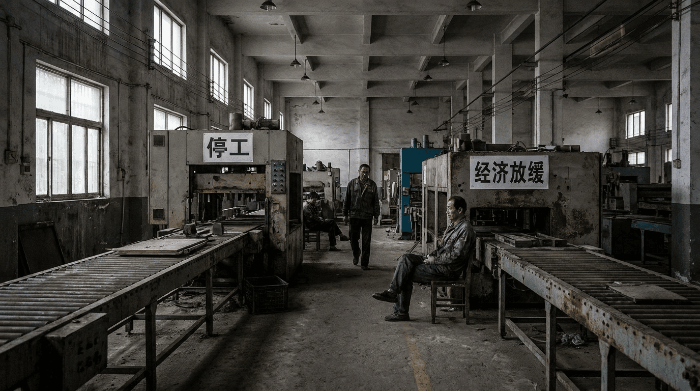 Çin'de yavaşlayan fabrika faaliyetlerini temsil eden endüstriyel bir sahne.