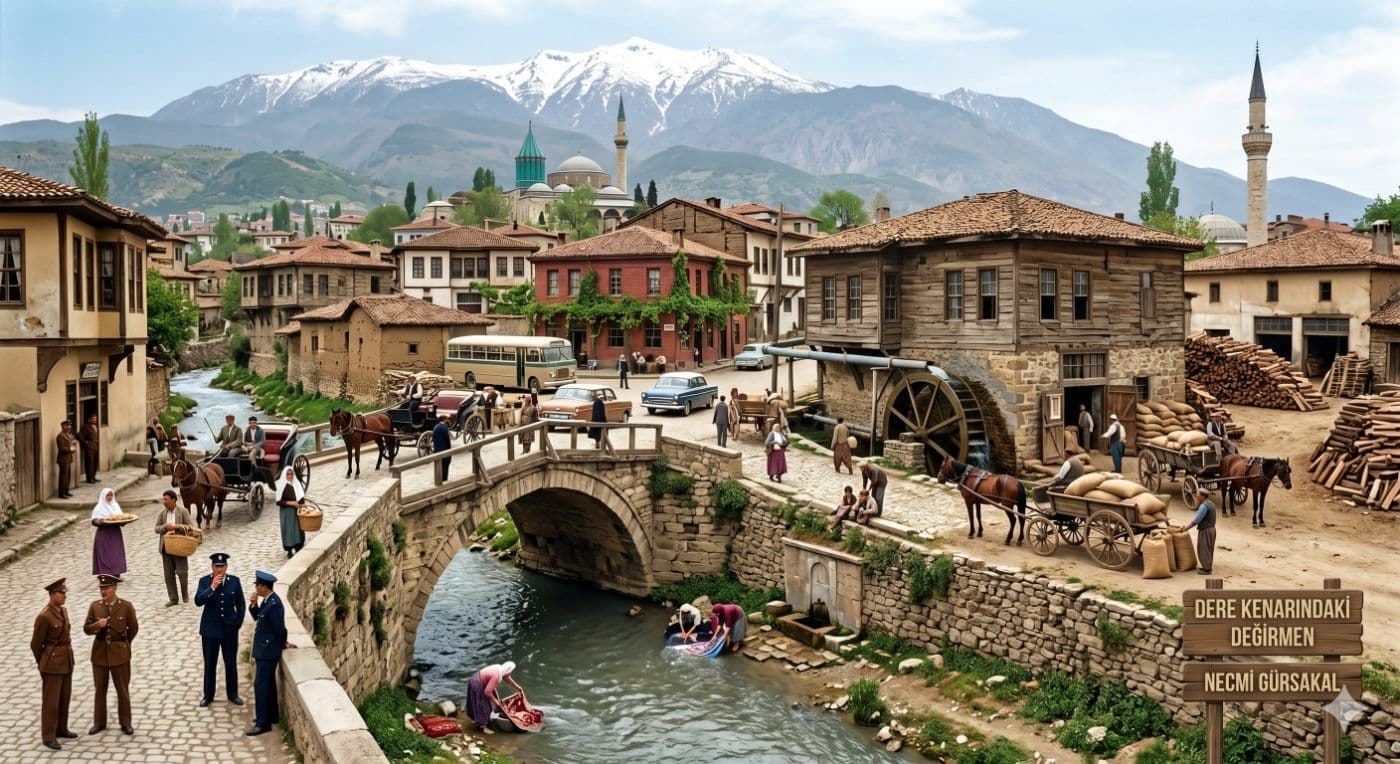 1950'li yıllarda Tatarlık Köprüsü ve çevresindeki dere kenarında bulunan tarihi değirmen, at arabaları, insanlar ve eski Bursa manzarası.