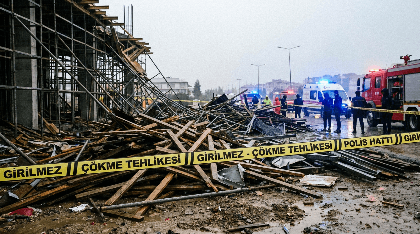Kütahya'da inşaat iskelesi çökmesi sonrası enkaz ve güvenlik önlemleri.