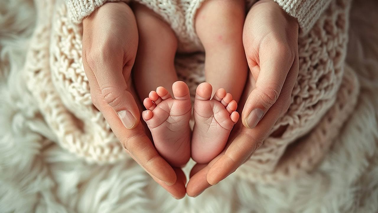 Anne ellerinde yeni doğmuş bebek ayakları.