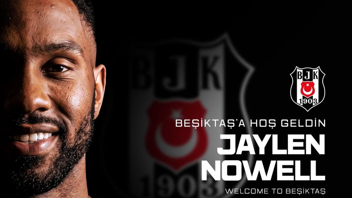 Beşiktaş'ın yeni transferi Jaylen Nowell'in gülümseyen yakın çekim fotoğrafı, arka planda Beşiktaş logosu ve 'Beşiktaş'a Hoş Geldin Jaylen Nowell' yazısı.
