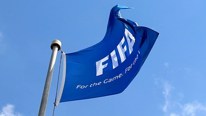 Mavi gökyüzü altında dalgalanan FIFA bayrağı.