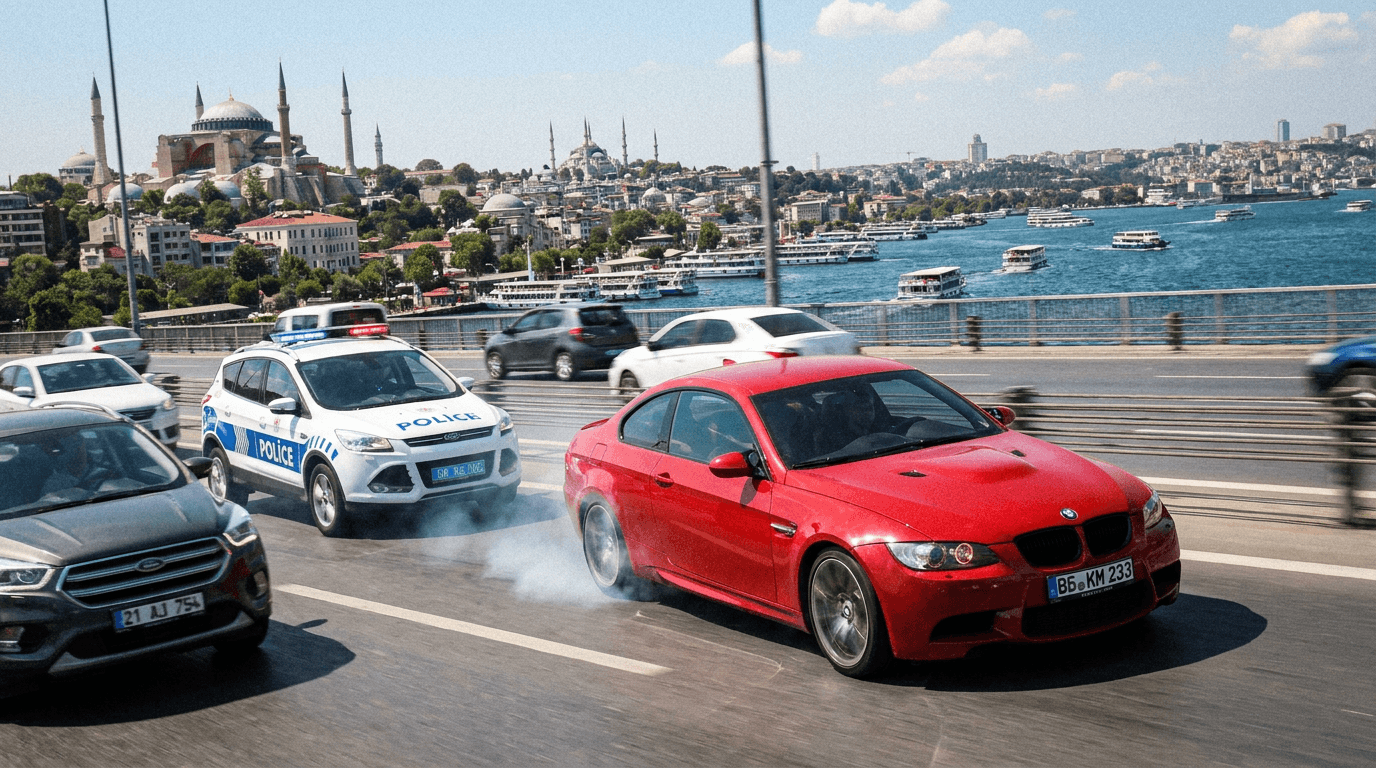 İstanbul'da trafikte tehlikeli makas atan bir araba ve onu takip eden polis aracı.