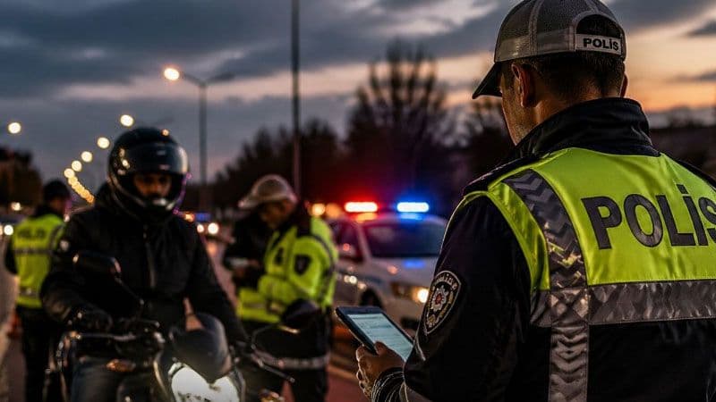 Bursa'da motosiklet denetimi yapan trafik polisi ve motosiklet sürücüsü.