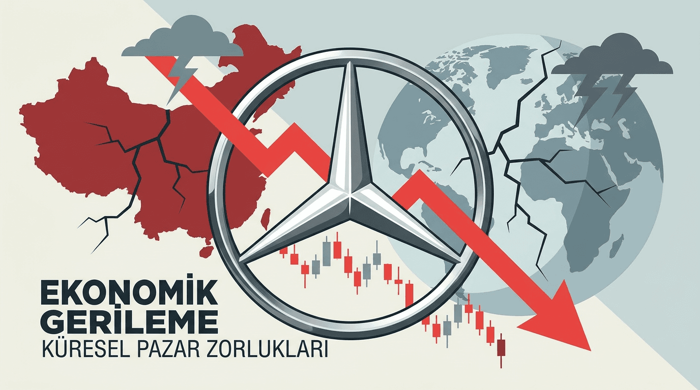 Mercedes-Benz logosu ve aşağı yönlü bir satış grafiği.