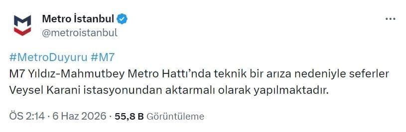 Metro İstanbul'un M7 hattındaki arızayı duyuran resmi Twitter paylaşımı.