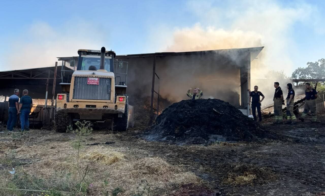 Bursa'da çiftlik yangını sonrası dumanlar yükseliyor, itfaiye ekipleri ve vatandaşlar olay yerinde.