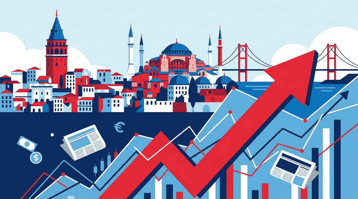 İstanbul'da enflasyon artışı. Yükselen grafikler ve İstanbul silüeti.