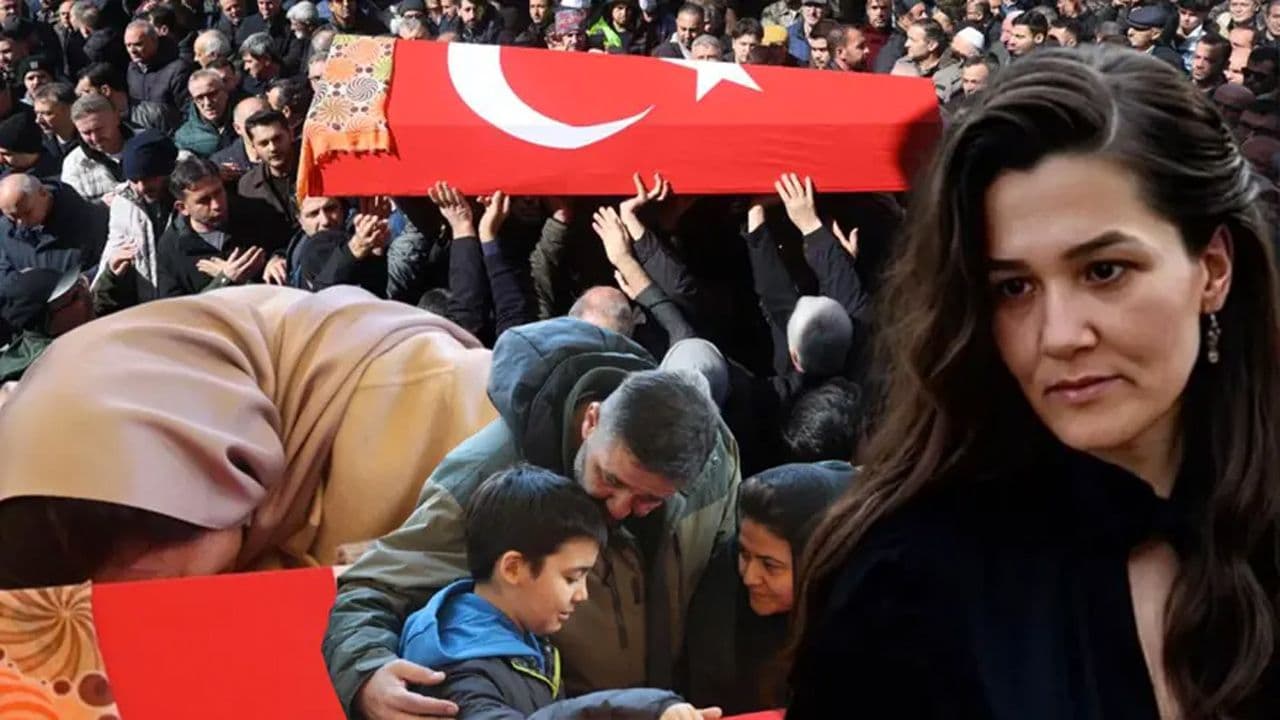 Öğretmen Fatma Nur Çelik'in cenaze töreni ve portresi.
