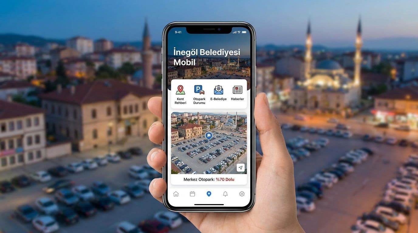 İnegöl Belediyesi'nin yenilenen mobil uygulaması 'Senin Belediyen' bir akıllı telefon ekranında, arka planda şehir manzarası ve otopark.