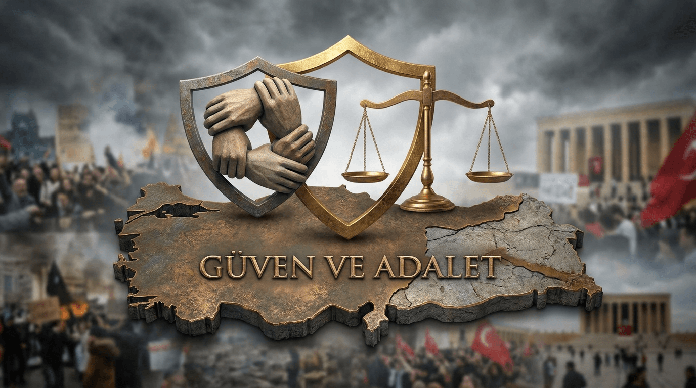 Türkiye haritası üzerinde adalet terazisi ve soyut güven sembolü.