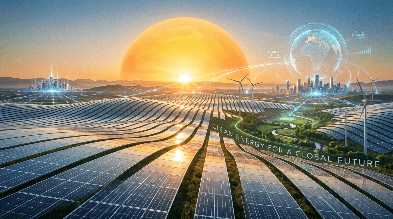 Geniş bir alana yayılmış güneş panelleri, temiz enerji üretimi ve küresel elektrik talebini simgeleyen modern bir görsel.