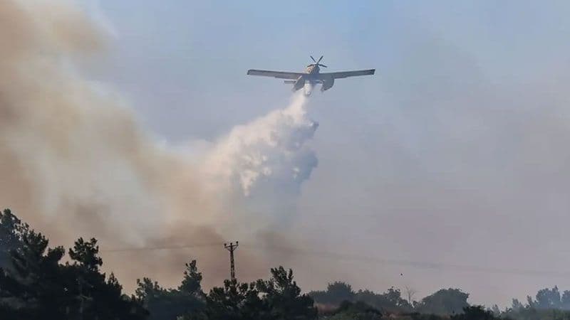 Balıkesir'deki orman yangınına havadan müdahale eden yangın söndürme uçağı.