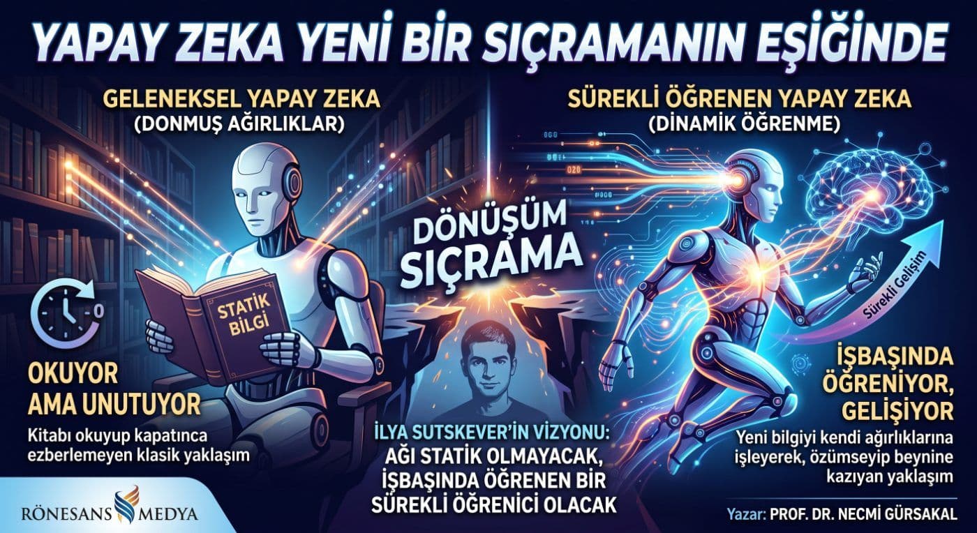 Geleneksel yapay zeka ile sürekli öğrenen yapay zeka arasındaki farkı gösteren infografik. Ilya Sutskever'ın AGI vizyonu.