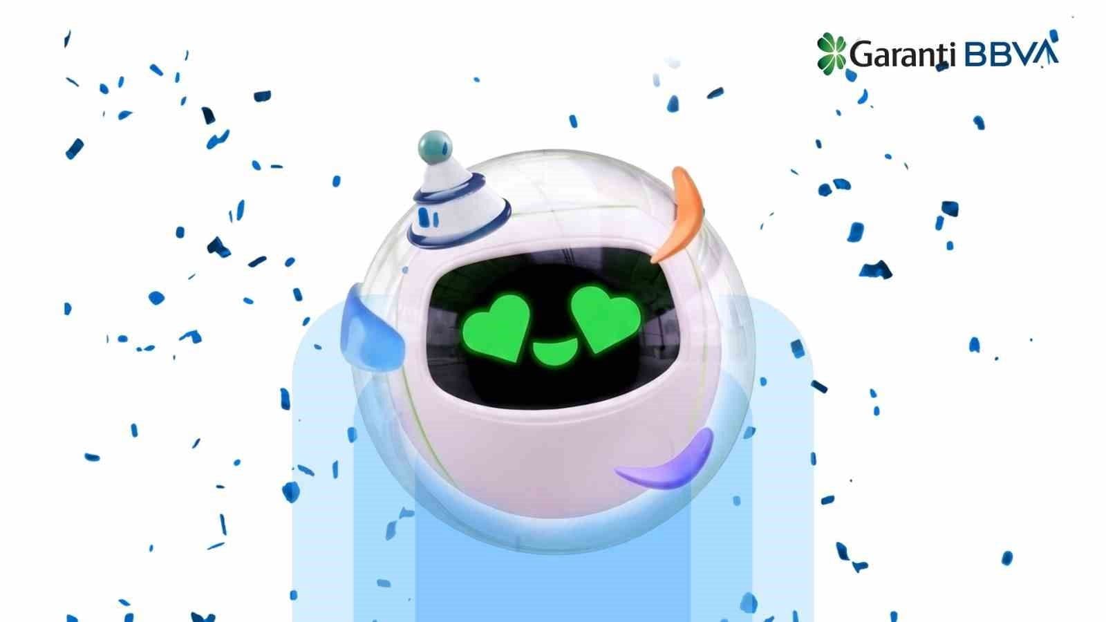 Garanti BBVA'nın yapay zeka asistanı Ugi'nin 10. yılını kutlayan, üzerinde parti şapkası olan robot görseli.