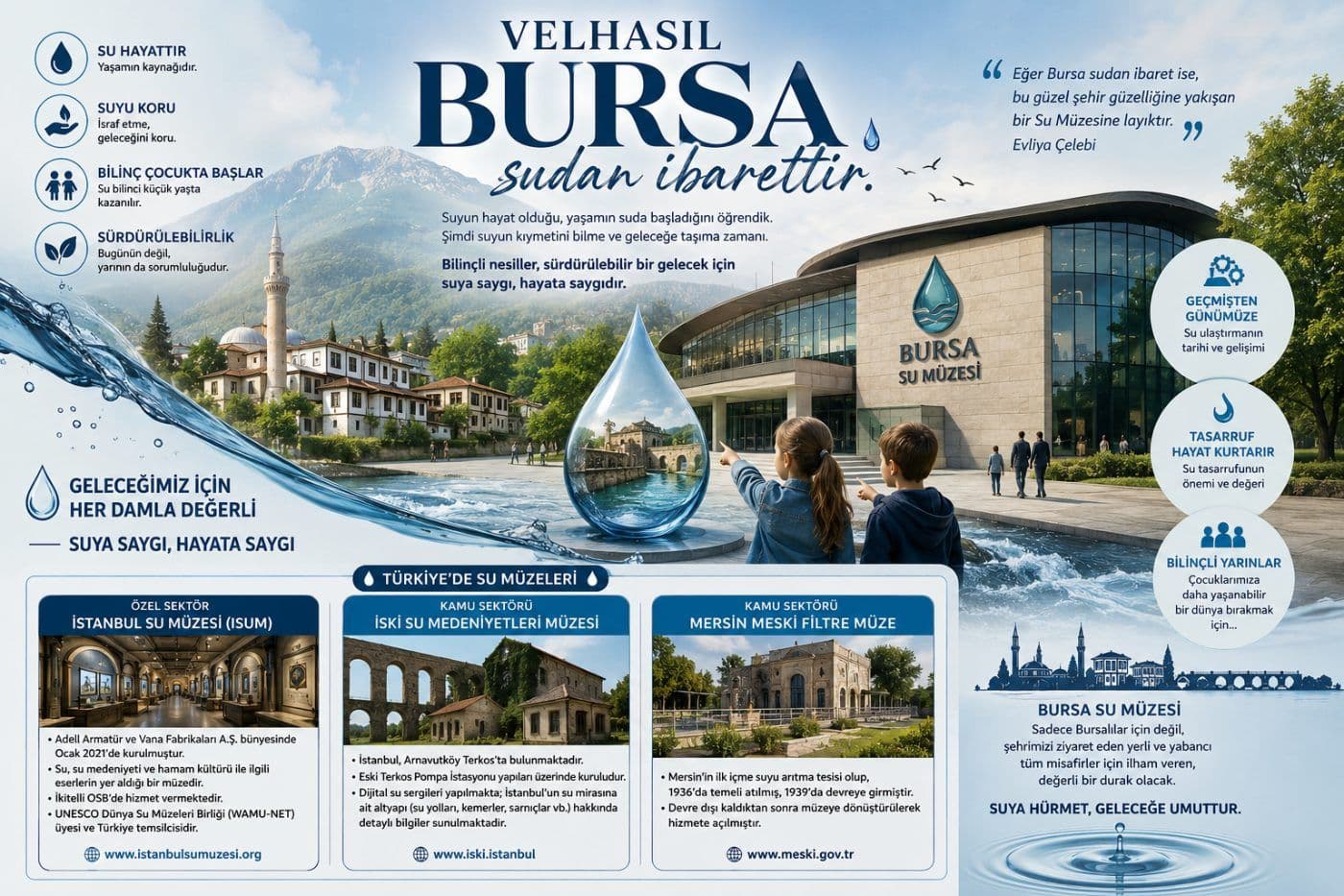 Bursa Su Müzesi binası önünde, su damlası heykeline bakan çocuklar ve suyun önemini anlatan bilgilendirme panoları.