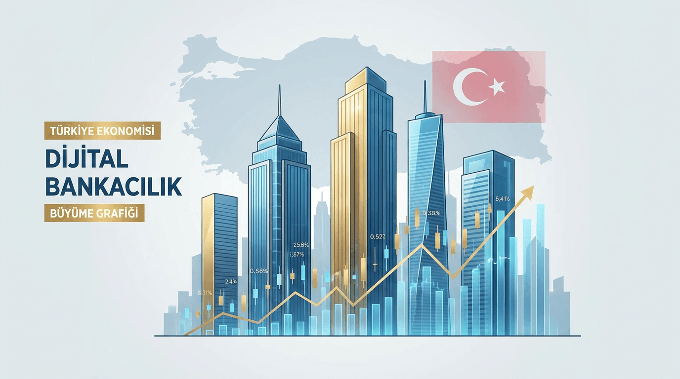 Türk bankacılık sektörünün büyümesini simgeleyen modern binalar ve yükselen finansal grafikler.