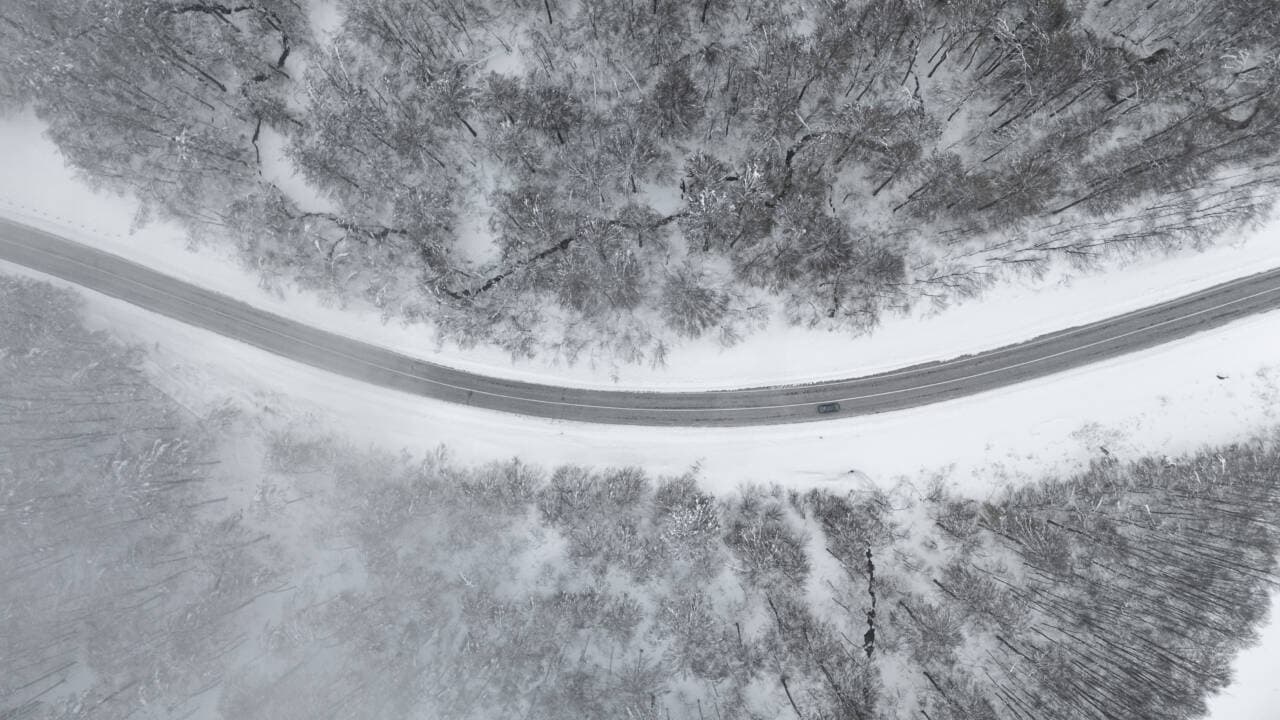 Domaniç Dağı'nda mayıs ayında karla kaplı yol ve ağaçların dron görüntüsü.