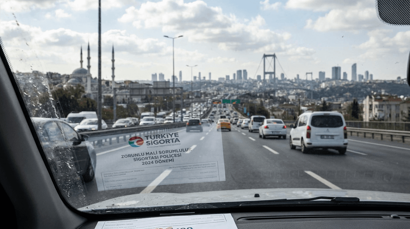 Trafik sigortası primlerinin güncellenmesiyle ilgili haber için, bir aracın ön camında yansıyan sigorta poliçesi belgesi ve arka planda trafik.