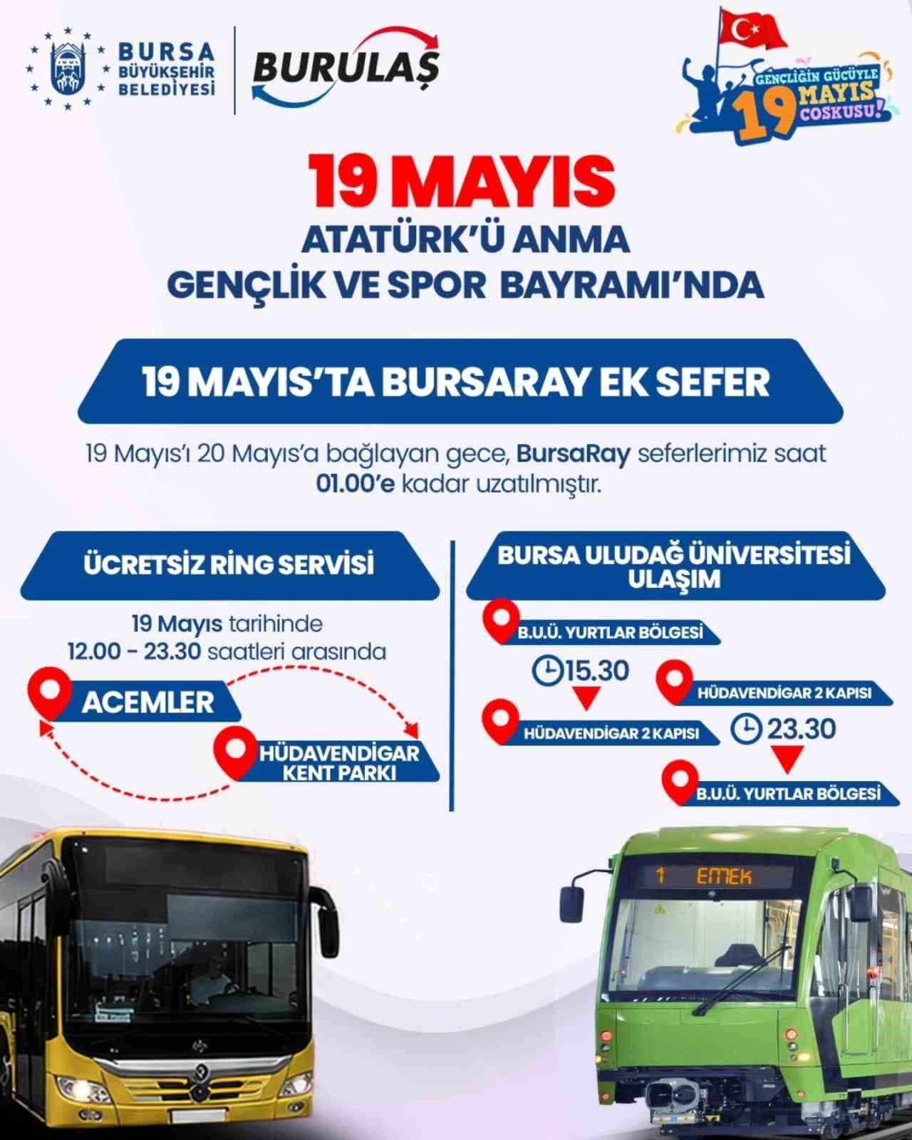 Bursa'da 19 Mayıs'ta Toplu Taşıma Ücretsiz ve Ek Seferler Düzenlenecek
