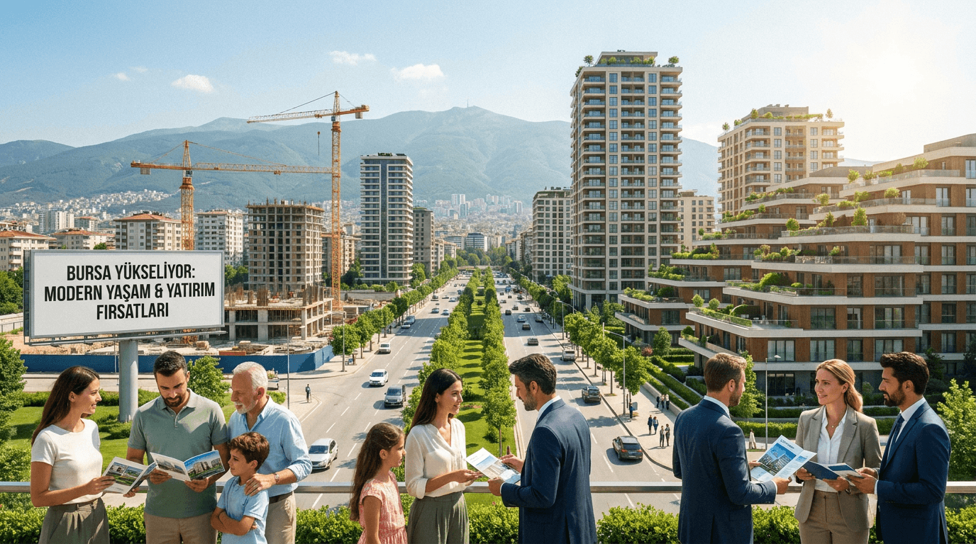 Bursa emlak piyasası ve konut yatırımı konseptini temsil eden şehir manzarası.