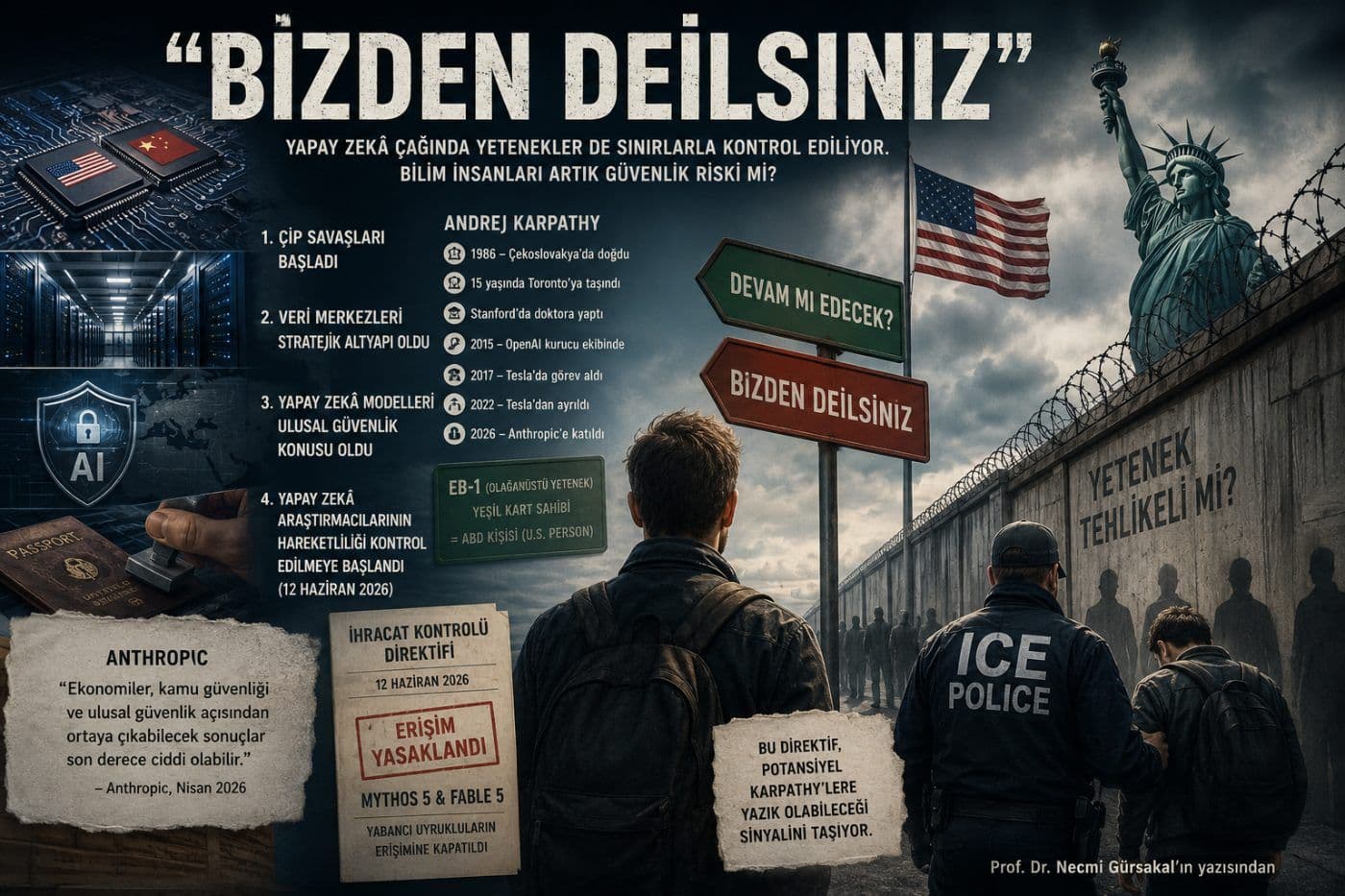 Yapay zeka bilim insanlarının ABD'deki kısıtlamalarla karşı karşıya kalmasını gösteren illüstrasyon. Özgürlük Heykeli ve ICE polisleri eşli…