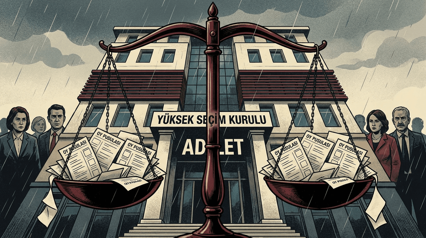 Yüksek Seçim Kurulu binası önünde adalet terazisi ve oy pusulaları