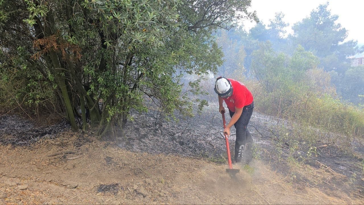 Bursa Mudanya'da zeytinlik alanda çıkan yangına müdahale eden itfaiye görevlisi