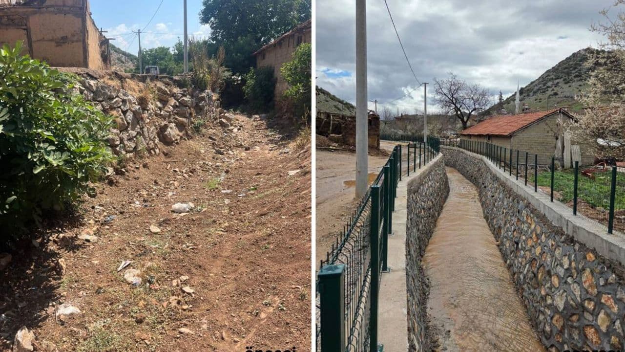 Bursa Gürsu'da BUSKİ tarafından yapılan dere ıslahı çalışmasının öncesi ve sonrası.
