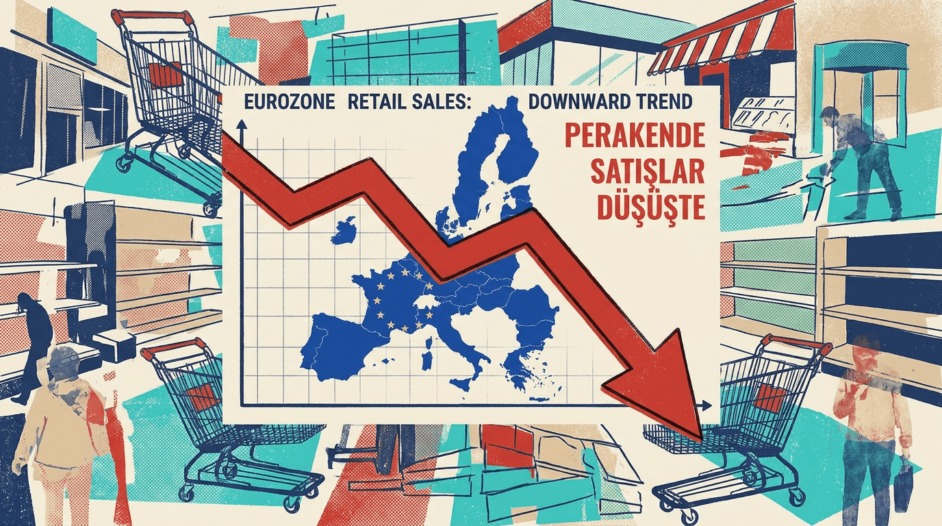 Euro Bölgesi'nde perakende satışlardaki düşüşü gösteren grafik ve alışveriş sepeti illüstrasyonu.