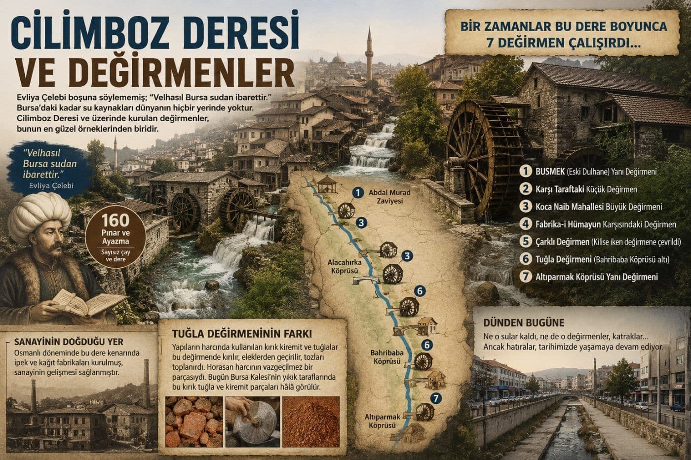 Bursa Cilimboz Deresi üzerinde yer alan tarihi değirmenlerin ve suyun sanayideki rolünü gösteren detaylı bir illüstrasyon.