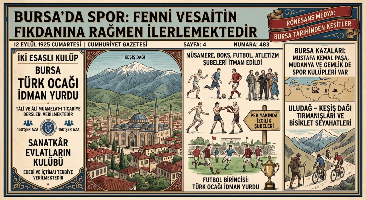 1925 tarihli Cumhuriyet Gazetesi'nden Bursa'da sporun imkansızlıklara rağmen gelişimini gösteren vintage illüstrasyon.