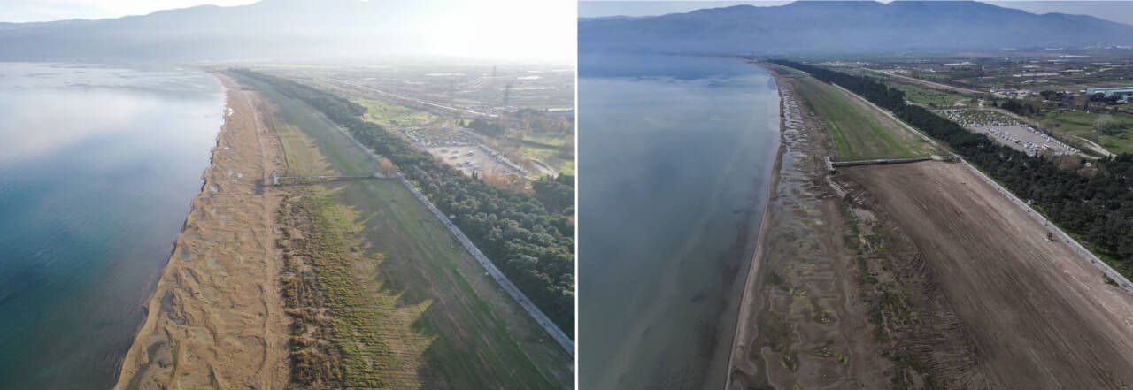 İznik Gölü'nde düşük su seviyesini gösteren havadan çekilmiş manzara.