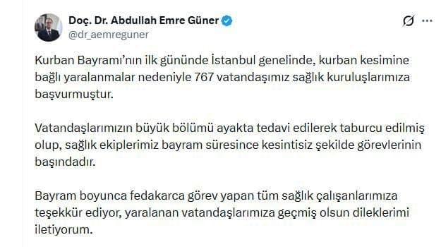 İstanbul İl Sağlık Müdürü Doç. Dr. Abdullah Emre Güner'in Kurban Bayramı yaralanmaları hakkındaki tweet'i.