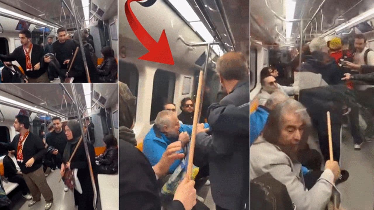İstanbul metrosunda şampiyonluk kutlaması sırasında çıkan kavgada oklavayla müdahale eden kadın.