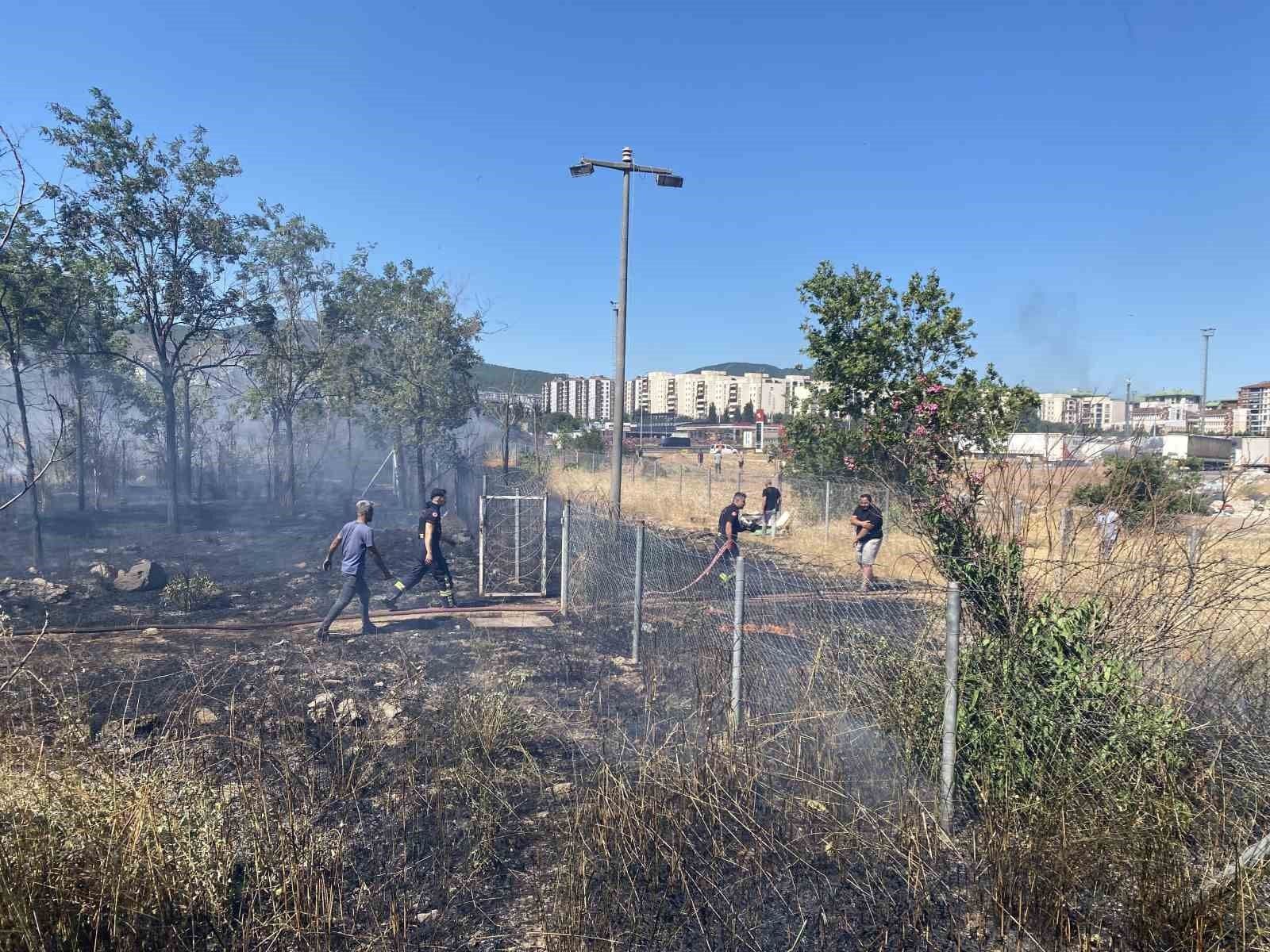 Kocaeli'de saman yüklü tırın neden olduğu yangın sonrası soğutma çalışmaları ve yanan arazi.
