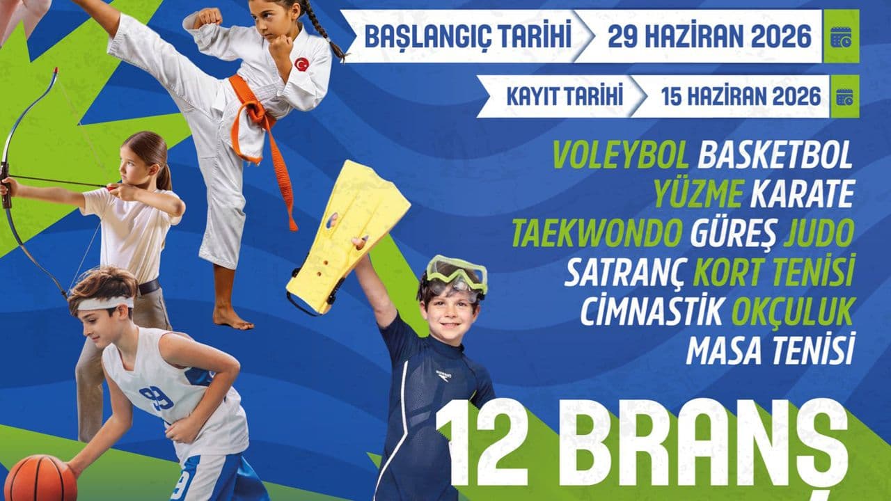 Bursa Büyükşehir Belediyesi Yaz Spor Okulları kayıt ve başlangıç tarihleri ile spor branşlarını gösteren tanıtım görseli.