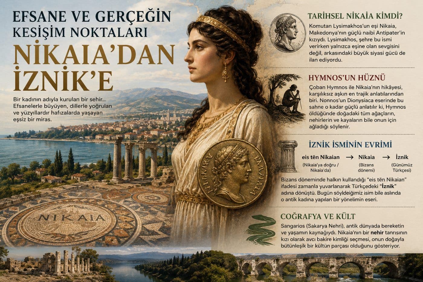 Antik Nikaia'yı temsil eden bir kadın figürü, arkasında İznik Gölü ve antik şehir kalıntıları ile Nikaia yazılı bir mozaik.