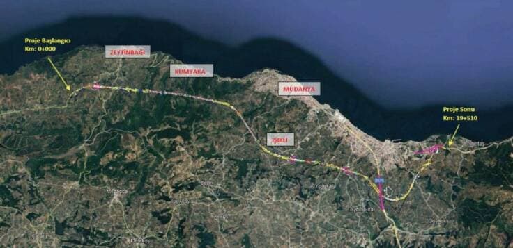 Mudanya Çevre Yolu projesi güzergahını gösteren uydu haritası.