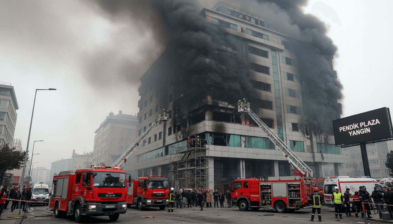 Pendik'te plaza yangını sonrası itfaiye ekiplerinin dumanlı binadan tahliye çalışması.