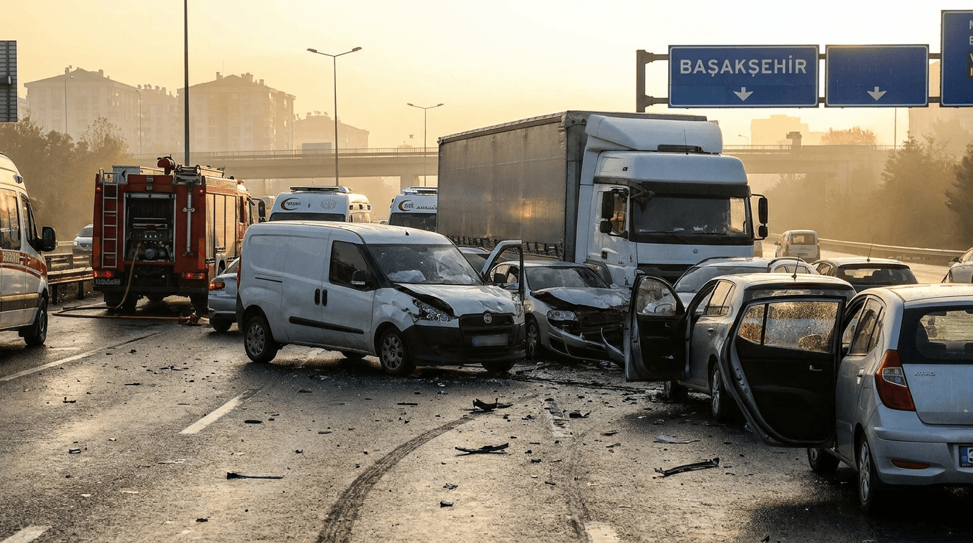 Başakşehir'de zincirleme trafik kazası sonrası olay yeri, hasarlı araçlar ve acil durum ekipleri.