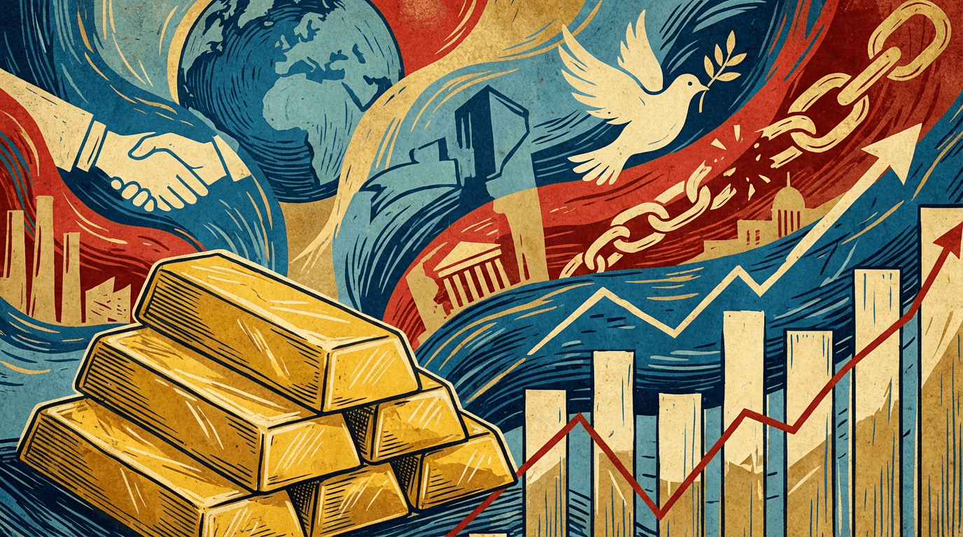 Altın külçeleri ve finansal grafikler, ABD-İran müzakerelerinin altın fiyatlarına etkisini gösteren editoryal bir illüstrasyon.