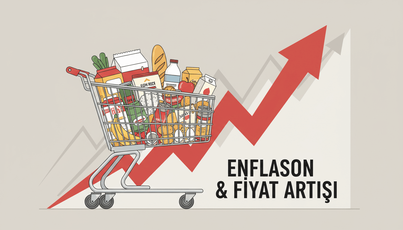 Enflasyon ve artan fiyatları simgeleyen, içi dolu bir alışveriş sepeti ve yukarı yönlü ok grafiği.